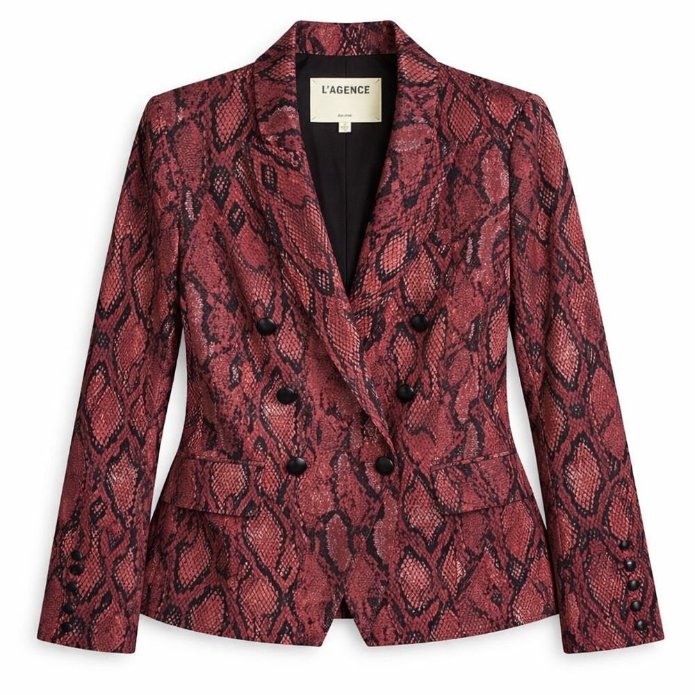 L’Agence Kenzie Snake Print Double Breasted Blazer Garnet Red Black 4